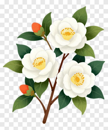 White Camellia Blossoms With Green Leaves PNG