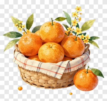 Basket Of Oranges With Leaves And Flowers PNG