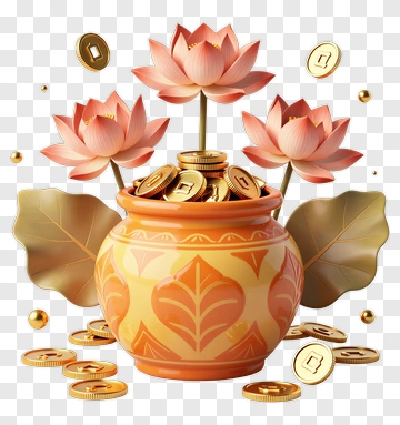Lotus Flowers And Gold Coins In Ornamental Pot PNG