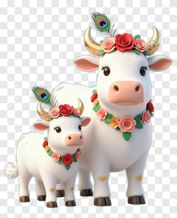 Decorative Cow And Calf With Flowers PNG