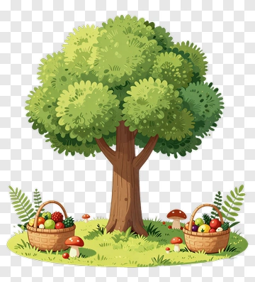 Tree With Baskets And Mushrooms PNG
