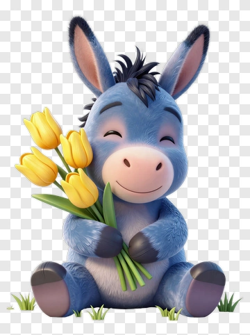 Blue Donkey Holding Yellow Tulips PNG
