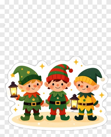 Three Christmas Elves With Lanterns PNG