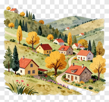 Village With Autumn Trees And Red Roofs PNG