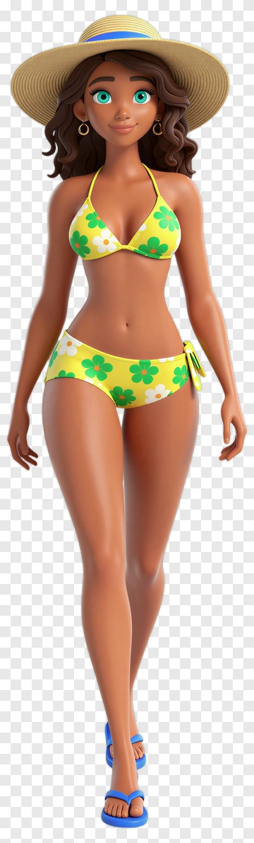 Woman In Floral Swimsuit And Straw Hat PNG