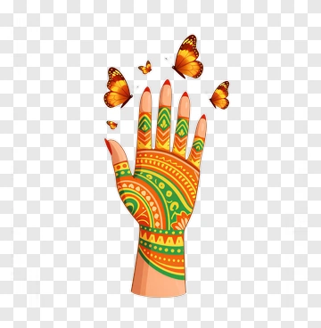 Hand With Henna Design And Butterflies PNG