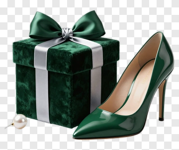 Green Gift Box With High Heel Shoe PNG