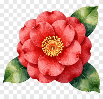 Red Camellia Flower With Green Leaves PNG