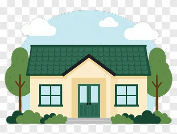 Flat Cartoon House With Green Roof And Trees PNG