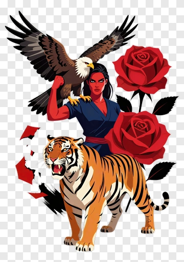 Woman With Eagle Tiger And Roses PNG