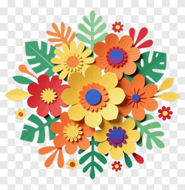 Colorful Paper Flowers And Leaves PNG