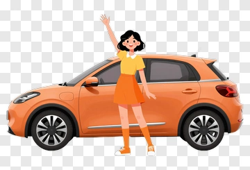 Woman Waving Beside Orange Car PNG