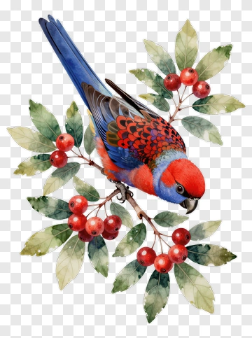 Red And Blue Parrot On Berry Branch PNG