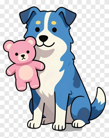 Blue And White Dog Holding Pink Teddy Bear PNG