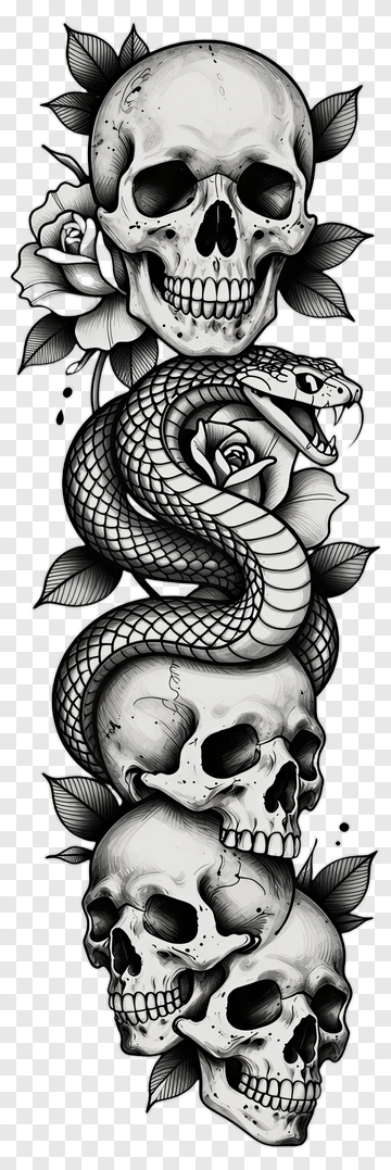 Skull Snake Rose Tattoo Design PNG