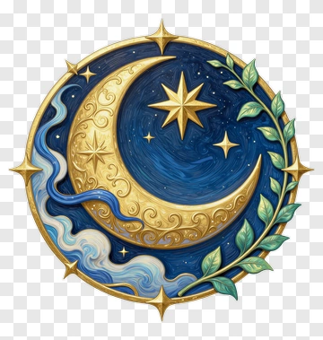 Golden Moon With Star And Wreath PNG