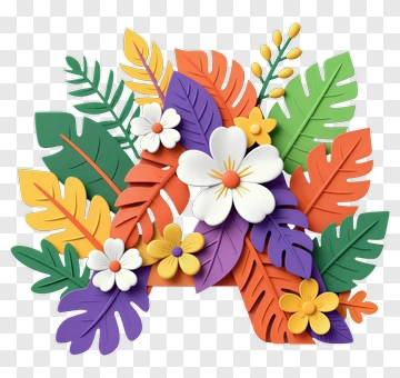 Colorful Paper Flower And Leaf Arrangement PNG