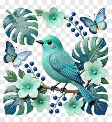 Blue Bird With Butterflies And Flowers PNG