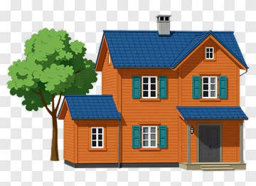 Orange House With Blue Roof And Green Tree PNG