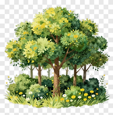 Watercolor Forest With Trees And Flowers PNG