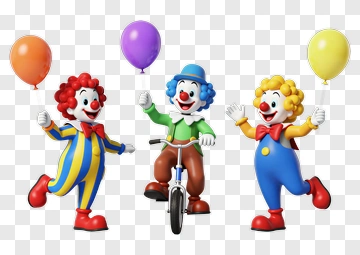 Three Clowns With Balloons And Bicycle PNG