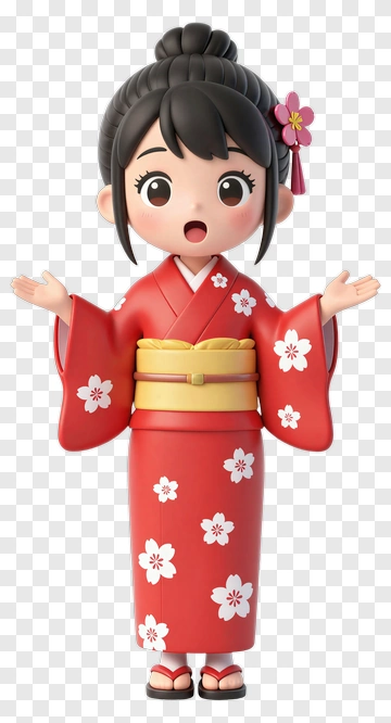 Girl In Red Kimono With Sakura Pattern PNG