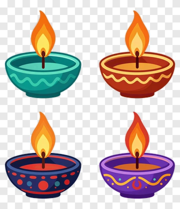 Four Colorful Diyas With Flames PNG