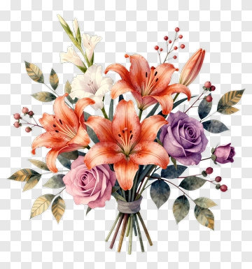 Watercolor Flower Bouquet With Lilies And Roses PNG
