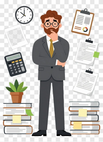 Businessman Thinking Amid Office Chaos PNG