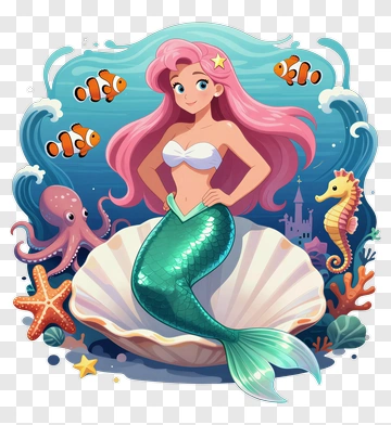 Pink-haired Mermaid In A Shell PNG