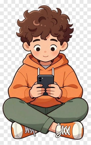 Curly-haired Boy In Orange Hoodie Using Phone PNG
