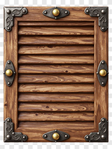 Wooden Frame With Louvered Panel And Metal Brackets PNG