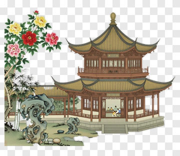Traditional Chinese Pavilion With Peony Flowers PNG