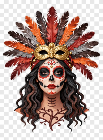 Sugar Skull Woman With Feather Headdress PNG