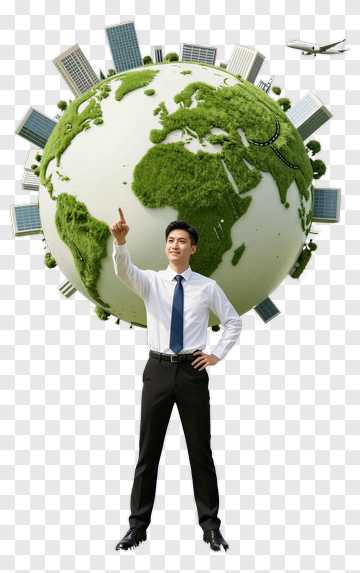 Man Pointing At Earth With Cityscape PNG