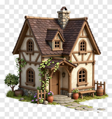 Wooden Cottage With Ivy And Potted Plants PNG