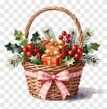 Woven Basket With Holiday Gifts And Berries PNG