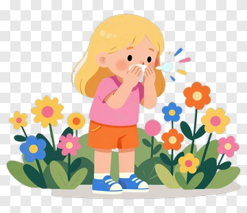 Child Sneezing In Flower Garden PNG