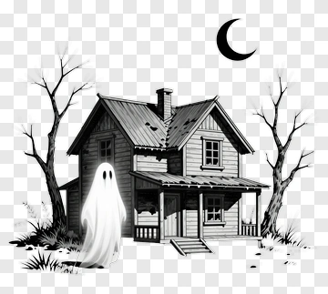 Ghost Standing In Front Of Haunted House PNG