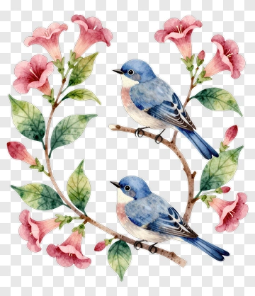 Two Bluebirds Among Pink Flowers PNG