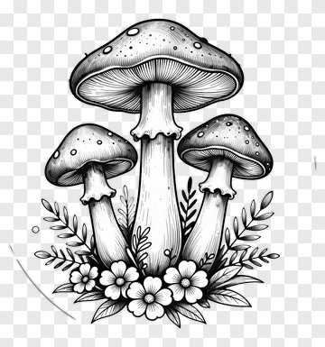Three Mushrooms With Flowers And Leaves PNG