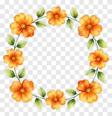 Orange Flower Wreath With Green Leaves PNG