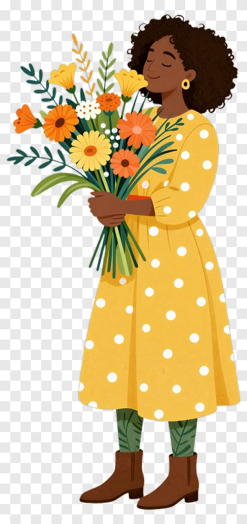 Woman Holding Colorful Flower Bouquet PNG