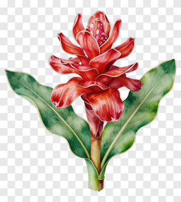 Red Ginger Flower With Green Leaves PNG
