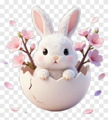 Cute Rabbit Hatching From Egg With Cherry Blossoms PNG