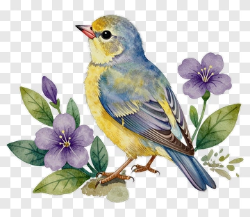 Blue And Yellow Bird With Purple Flowers PNG