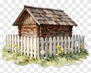 Log Cabin With White Fence PNG