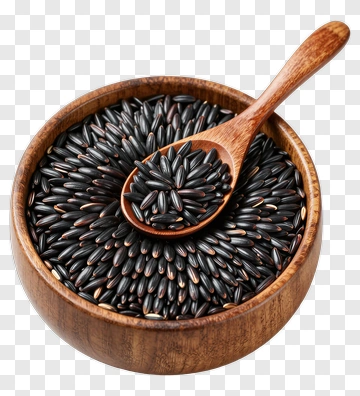 Black Rice In Wooden Bowl With Spoon PNG