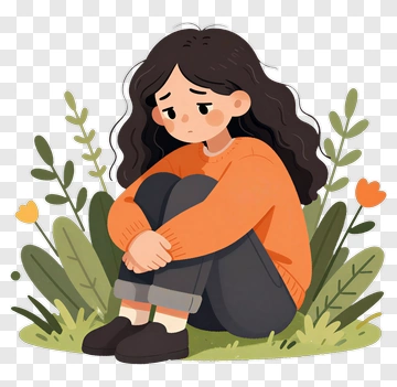 Sad Girl Sitting Among Flowers PNG