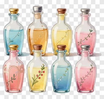 Eight Colorful Glass Bottles With Herbal Liquid PNG